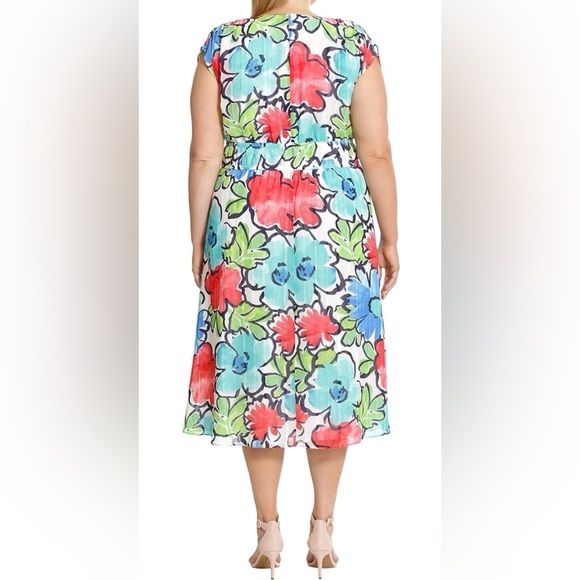 MAGGY LONDON White Floral Print V-Neck Stretch Waist A-Line Midi Dress 24W. New - Picture 3 of 12